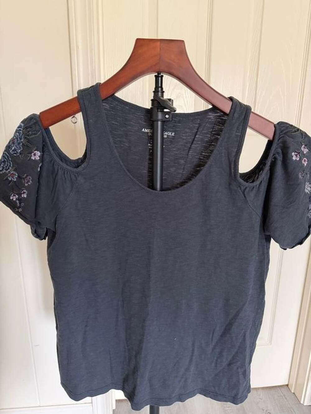 American Eagle Outfitters Black Cold-Shoulder Tank with Embroidered Sleeves